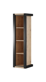 Two-tone hanging cabinet with dark sides and light backing; open wood shelving