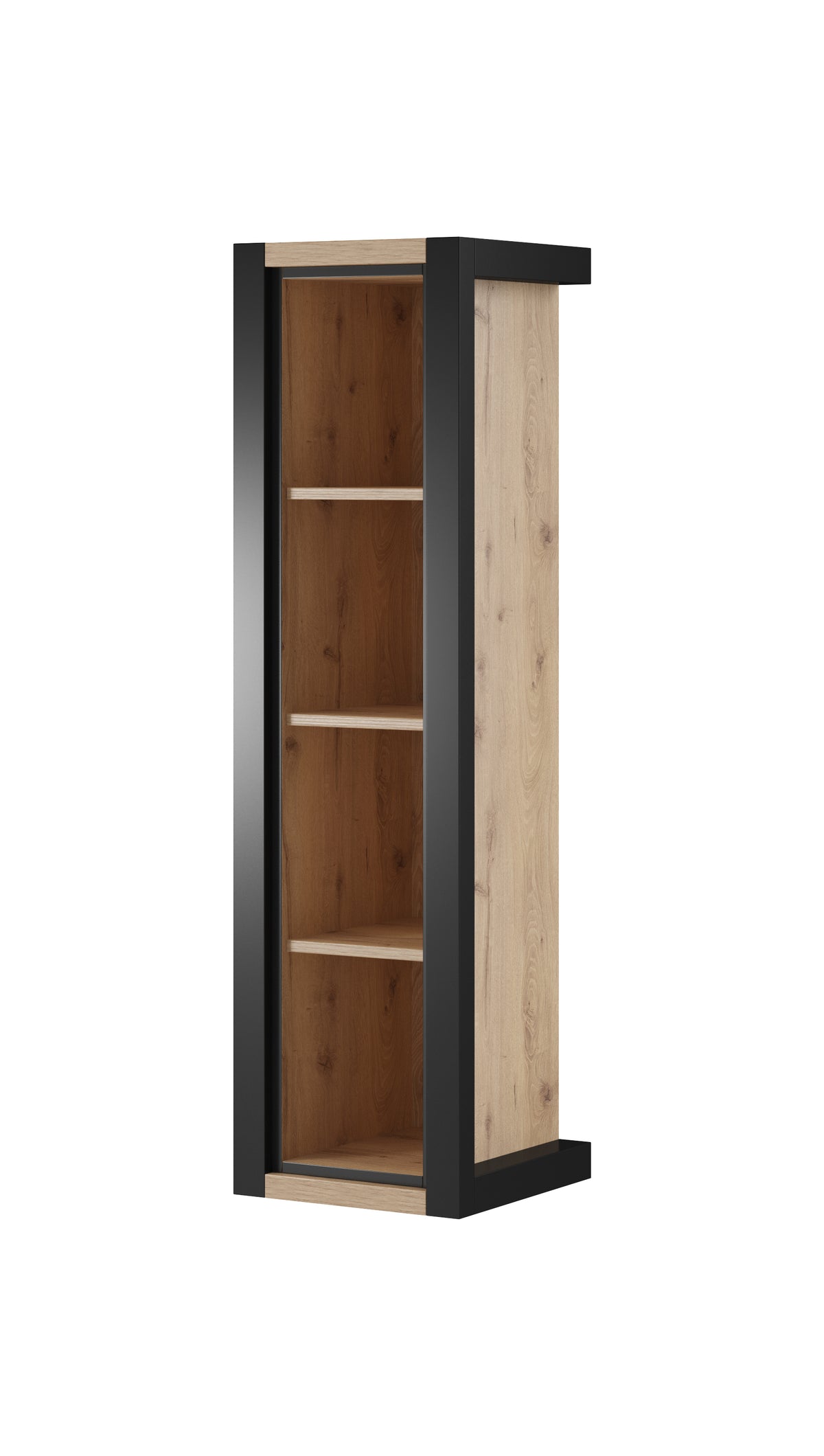 Two-tone hanging cabinet with dark sides and light backing; open wood shelving