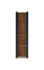 Wall-mount hanging cabinet with dark frame and three open wood shelves