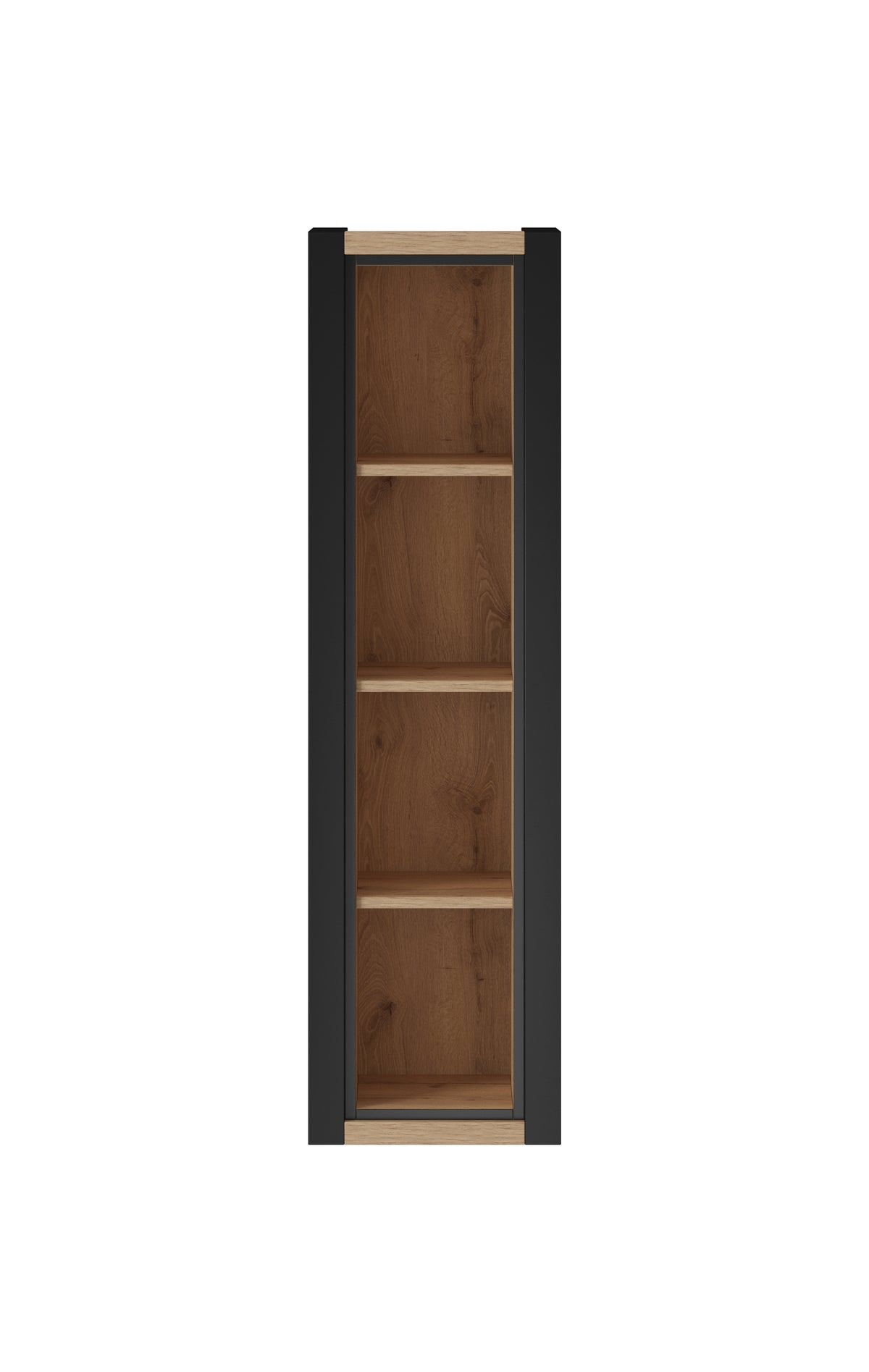 Wall-mount hanging cabinet with dark frame and three open wood shelves
