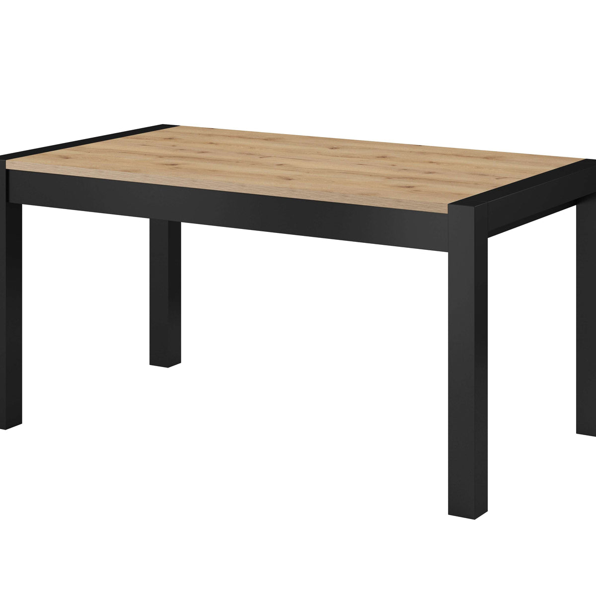 Extendable dining table with light wood top and dark frame legs