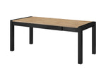 Extendable dining table with light wood top, dark frame, and extension seam