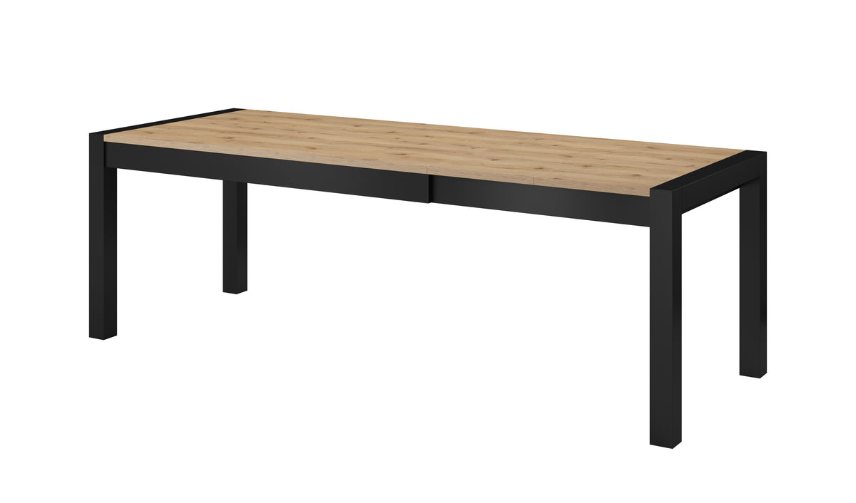 Extendable dining table with long light wood top and dark frame, extended leaf