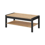 Rectangular coffee table with light wood top, dark frame, and two shelves