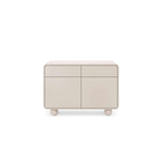 Beige sideboard cabinet with 2 drawers and 2 doors, rounded edges and round feet