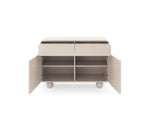 Open beige sideboard showing two drawers and two interior compartments, round feet