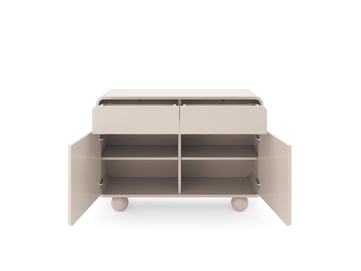 Open beige sideboard showing two drawers and two interior compartments, round feet