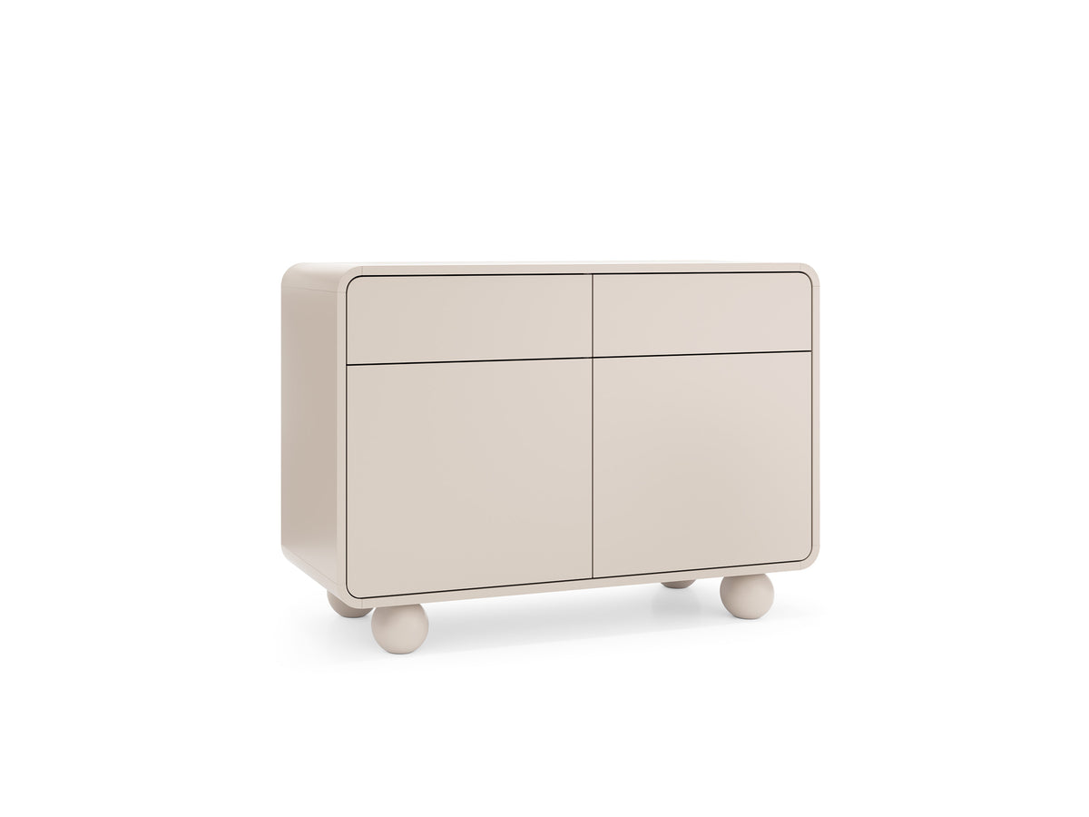 Beige sideboard with top drawers and two-panel doors, rounded corners and feet