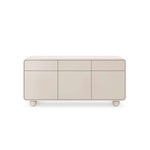 Beige sideboard with three drawers over three doors and rounded feet