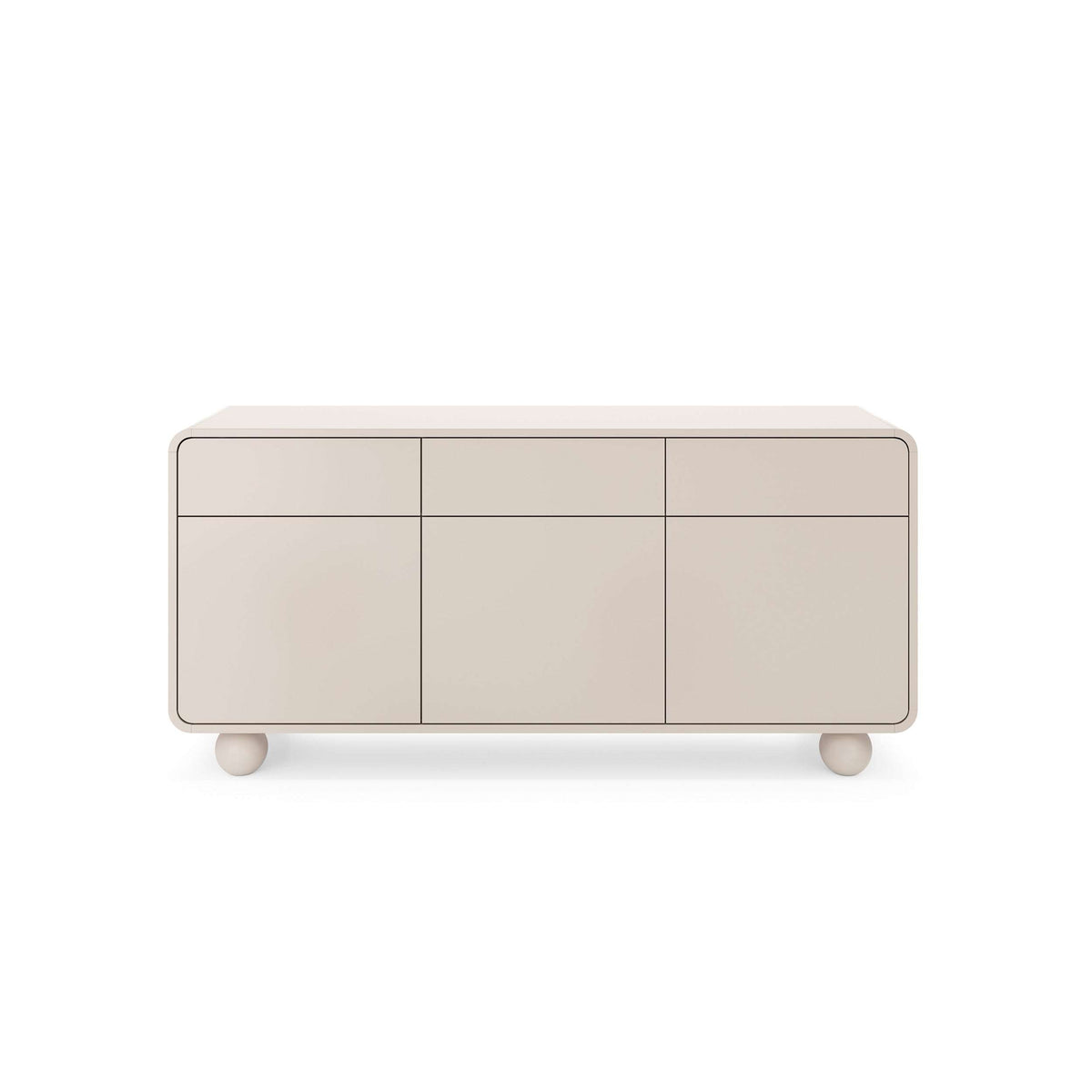 Beige sideboard with three drawers over three doors and rounded feet