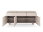 Beige sideboard interior with three open sections, shelves and compartments