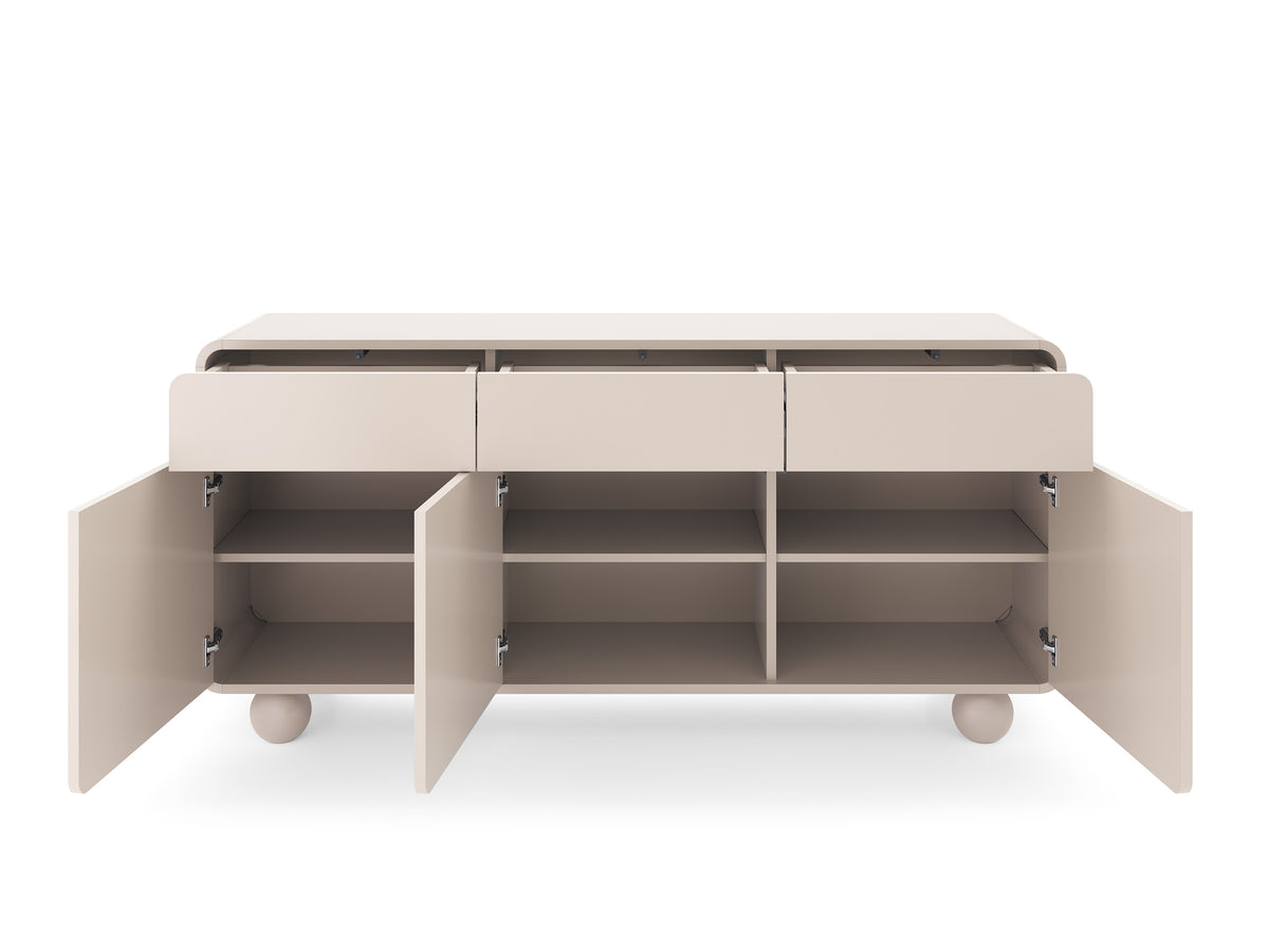 Beige sideboard interior with three open sections, shelves and compartments