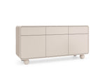 Beige sideboard with three drawers and three cabinet doors, rounded legs