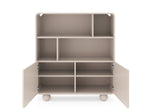 Open cream highboard showing multiple shelves and two lower compartments with doors, legs