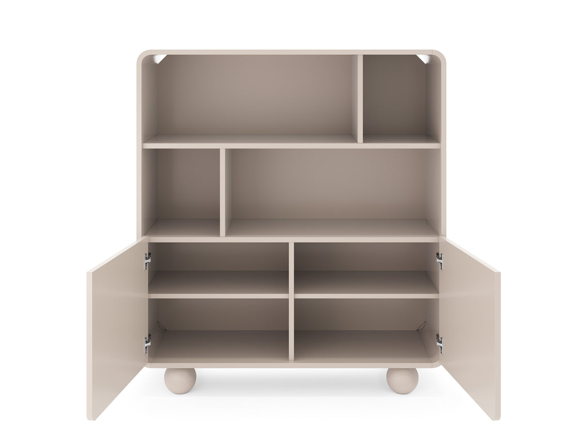 Open cream highboard showing multiple shelves and two lower compartments with doors, legs