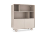 Cream highboard with open shelves, two-door base, rounded corners, raised legs