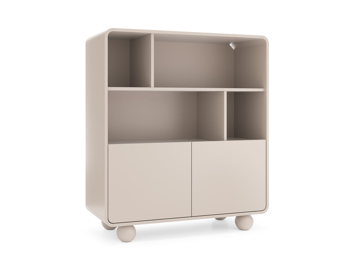 Cream highboard with open shelves, two-door base, rounded corners, raised legs