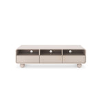 Light beige TV cabinet with three open cubbies and three drawers, round legs