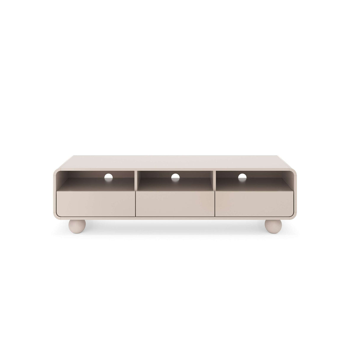 Light beige TV cabinet with three open cubbies and three drawers, round legs