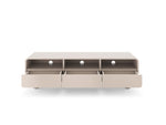 Light beige TV cabinet with three open cubbies and three pull-out drawers, front view