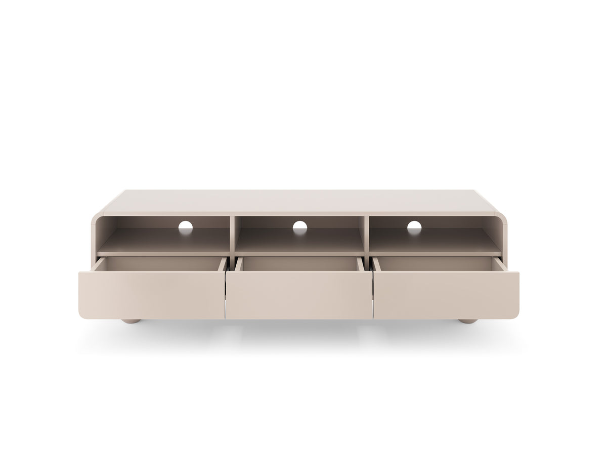 Light beige TV cabinet with three open cubbies and three pull-out drawers, front view