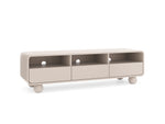 Light beige TV cabinet with three open shelves and three front drawers, angled view