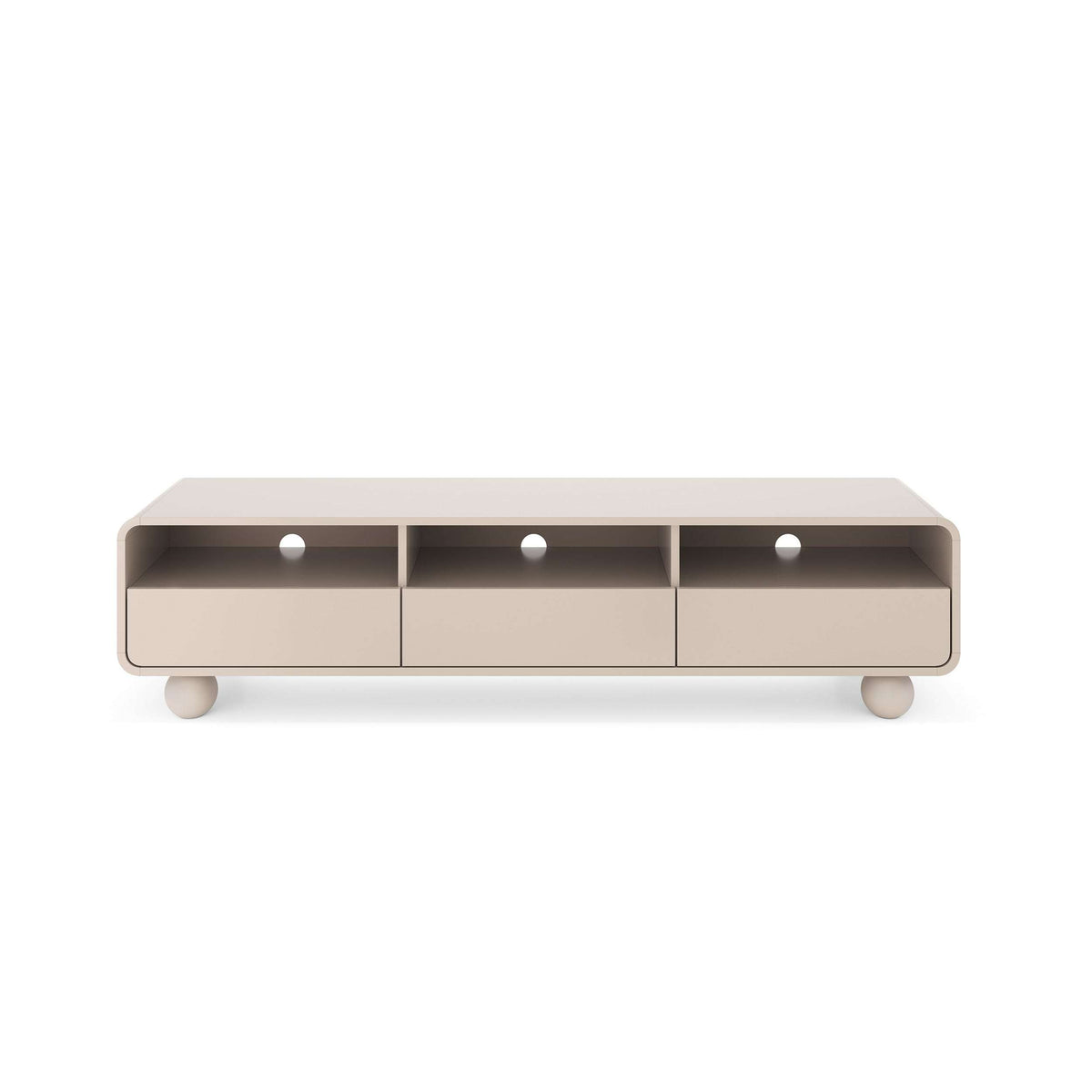 Low TV cabinet with three open compartments and sliding doors, light beige finish