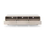 Long TV cabinet with open cubbies and sliding doors, light beige, round legs