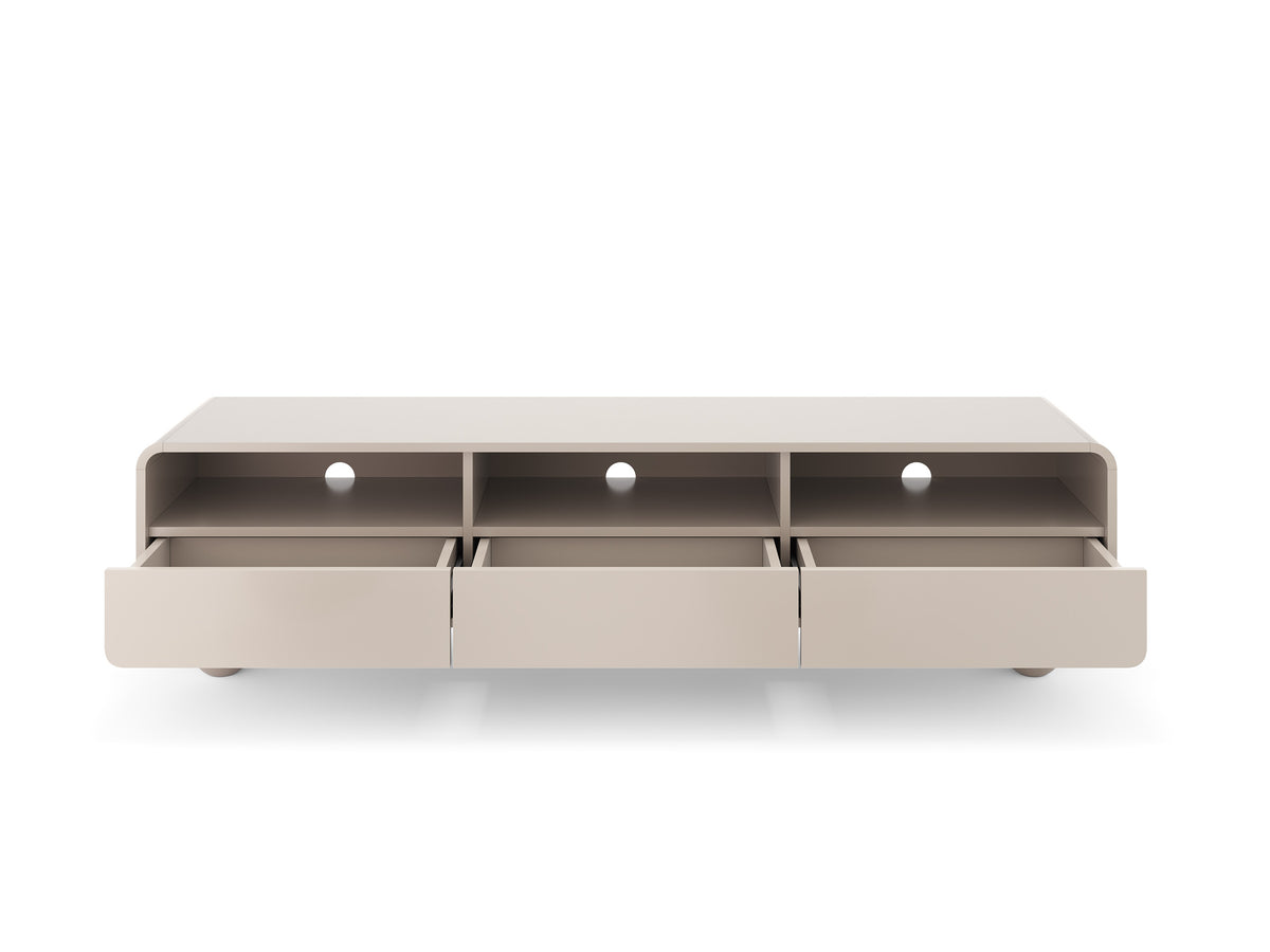 Long TV cabinet with open cubbies and sliding doors, light beige, round legs