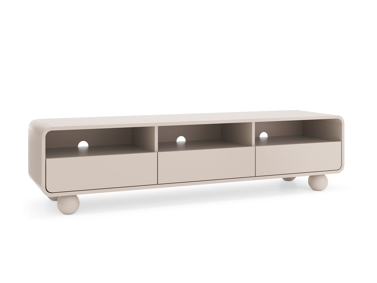 Wide TV console with open shelves, sliding doors, light beige, round feet