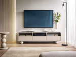Light beige TV cabinet with open center shelf, two drawer doors, and round feet