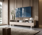 Light beige TV cabinet with open shelves and sliding doors, round legs, TV on top