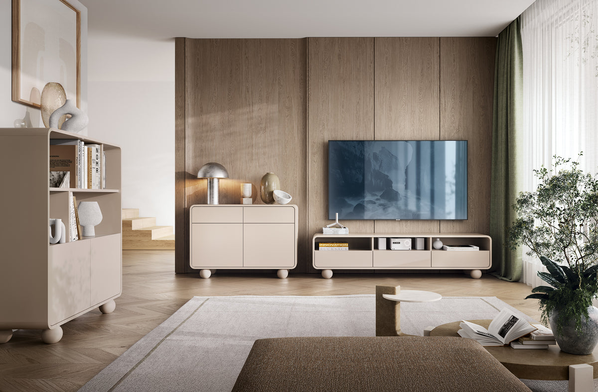 Light beige TV cabinet with open storage and drawers, mounted on round legs