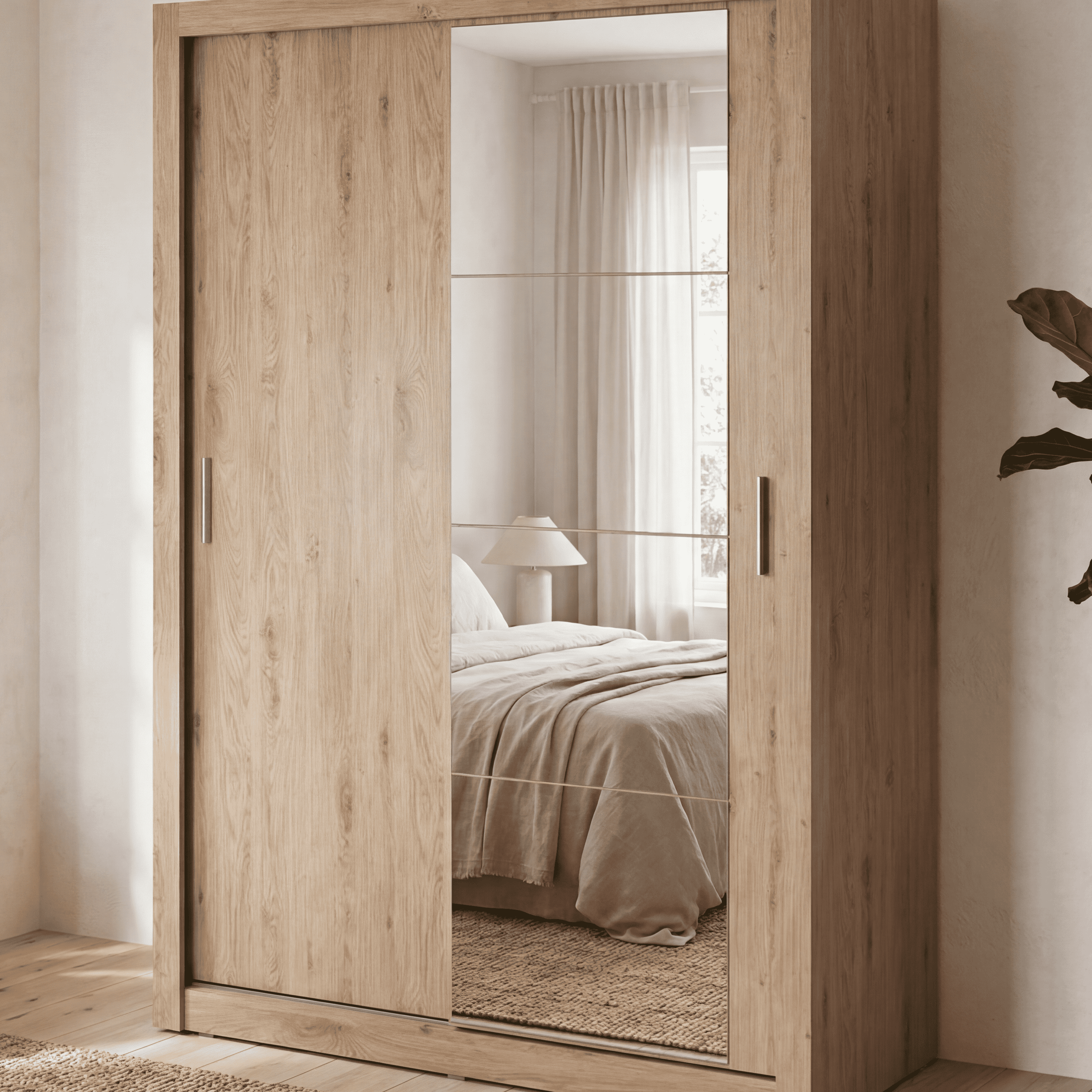 Oak sliding door wardrobe with grey panel doors in an open entry view