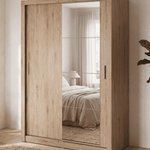 Oak sliding door wardrobe with grey panel doors in an open entry view