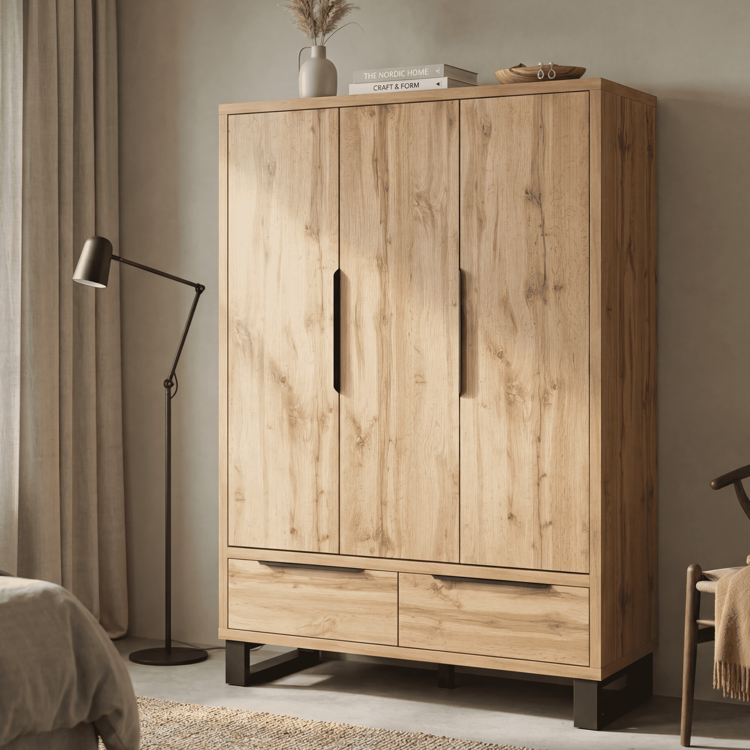 Light wood 3-door wardrobe with two drawers, vertical pulls, and dark feet