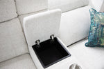 Cream electric recliner sofa open storage compartment in the armrest