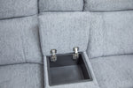 Grey electric recliner corner sofa open storage tray between seat cushions