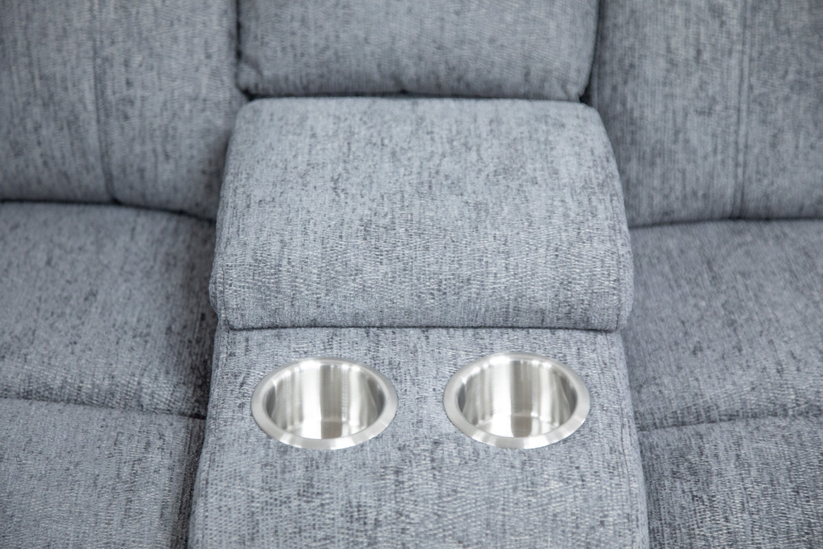 Grey recliner armrest with two built-in cup holders