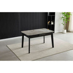 Extendable dining table with light grey ceramic stone-effect top and dark legs