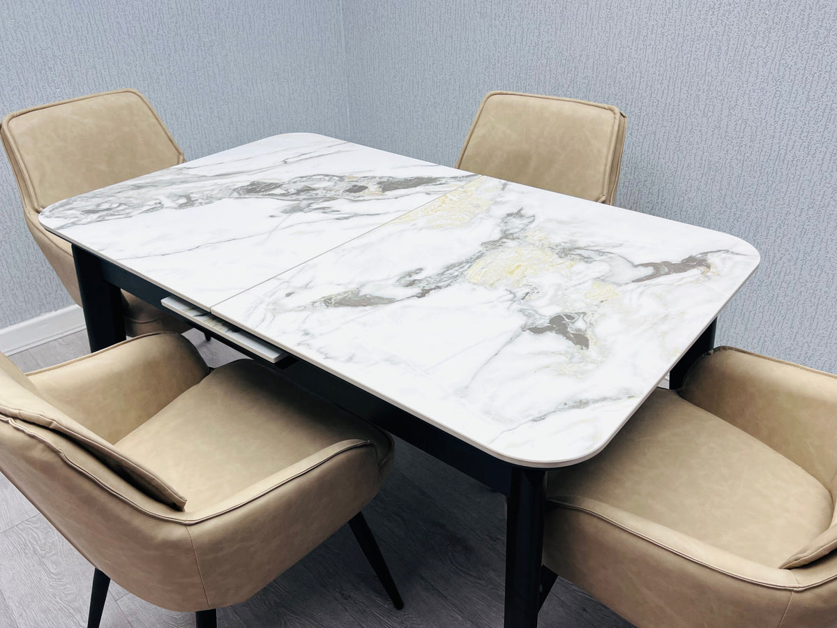 Extendable dining table with white marble-look ceramic top and black base with two chairs