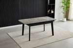 Extendable dining table with grey ceramic stone-effect top and dark frame