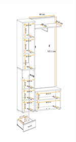 White hallway storage set with tall shelving, pull-out drawers, and coat-rail panel