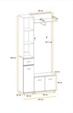 White hallway storage set with tall cabinet, open shelves, and two-door base unit