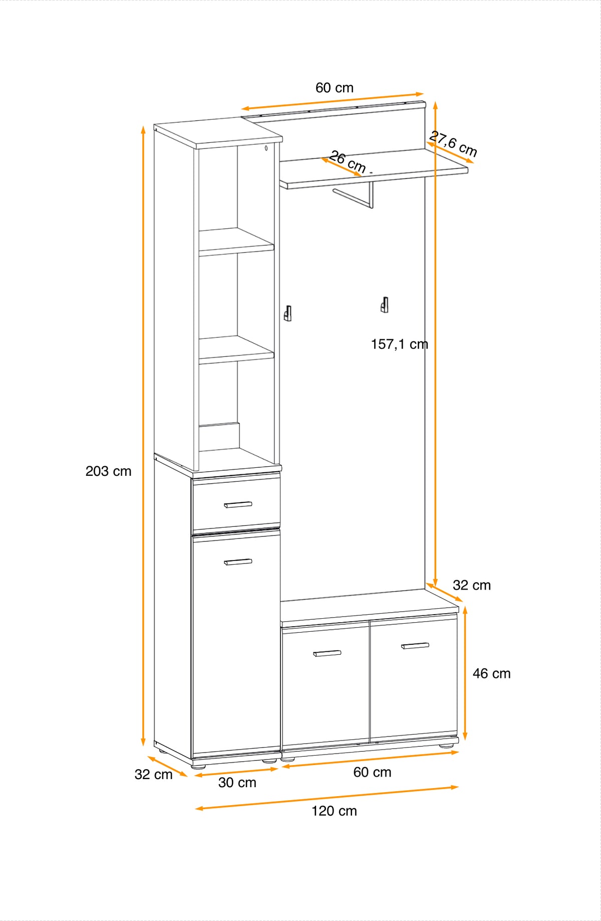 White hallway storage set with tall cabinet, open shelves, and two-door base unit