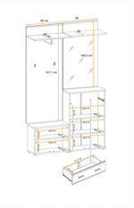 Ario hallway set with open shelves, hanging area, and multiple drawer units