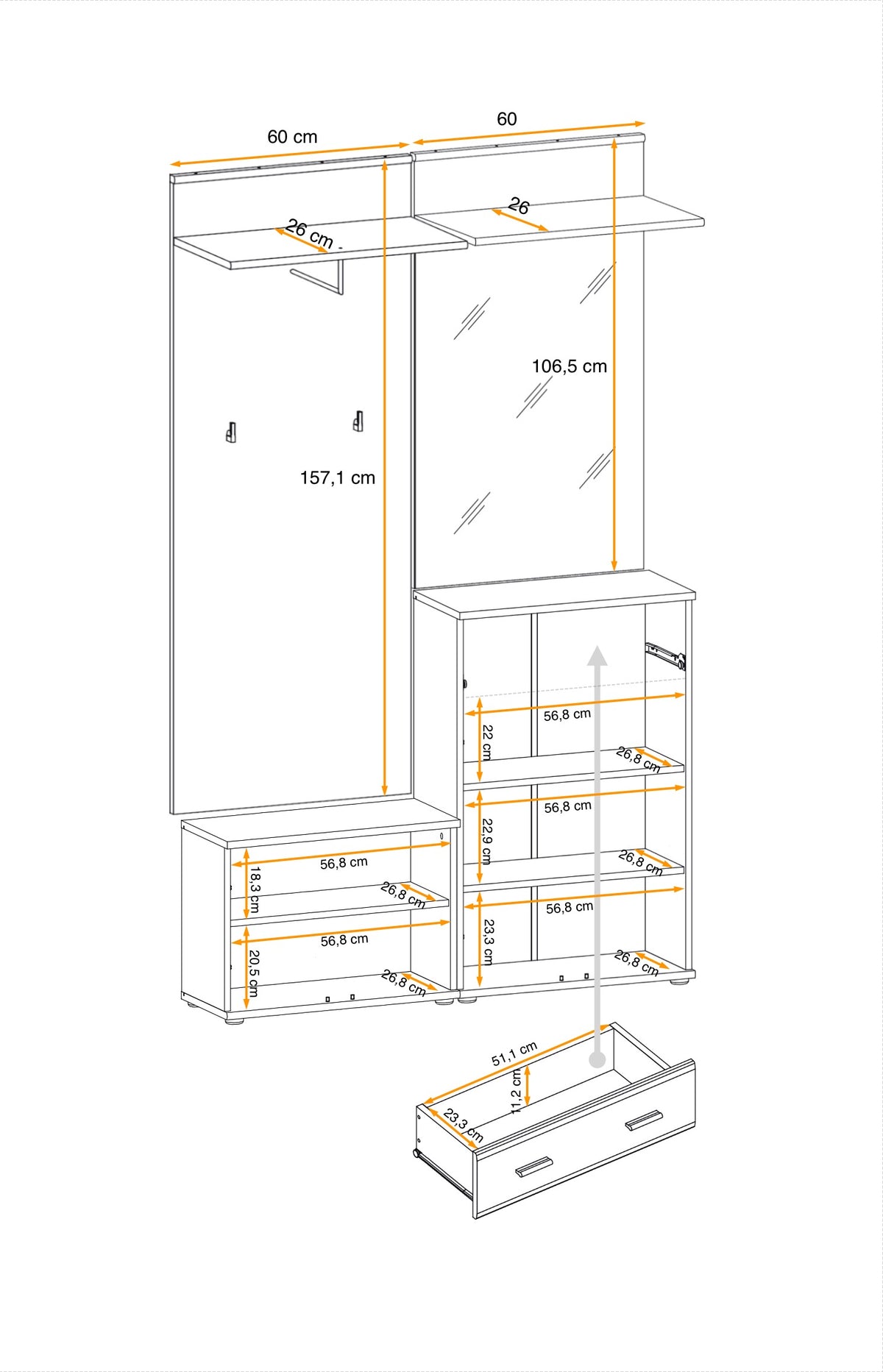 Ario hallway set with open shelves, hanging area, and multiple drawer units
