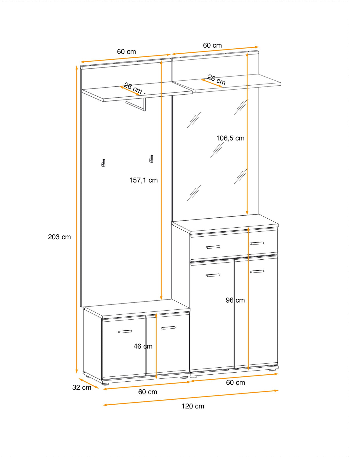 Ario hallway storage set with shelves, drawers, and cabinet sections