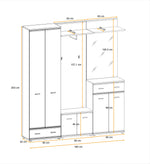 Hallway furniture set with tall wardrobe, shoe cabinet, drawers, and bench storage