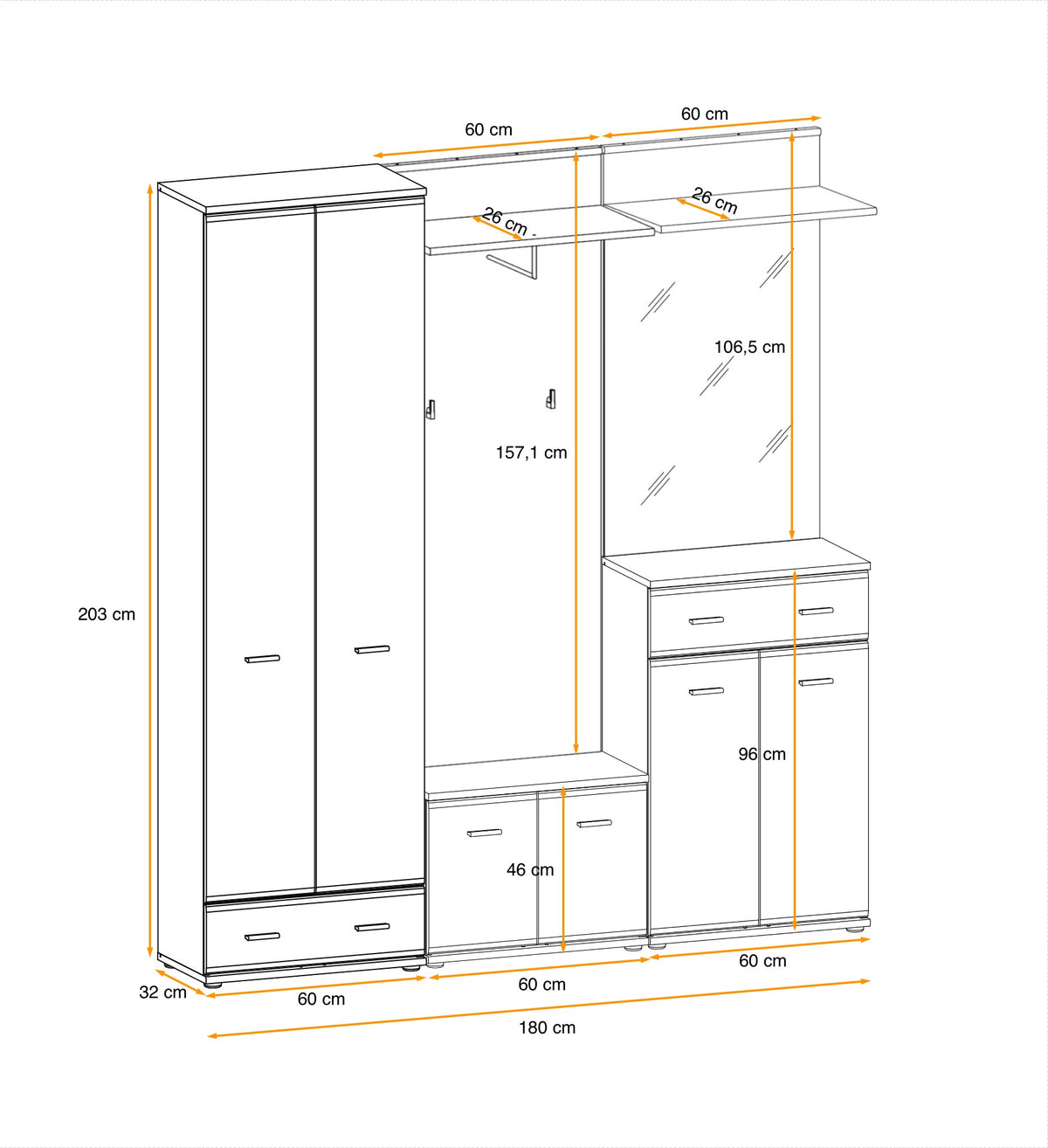 Hallway furniture set with tall wardrobe, shoe cabinet, drawers, and bench storage